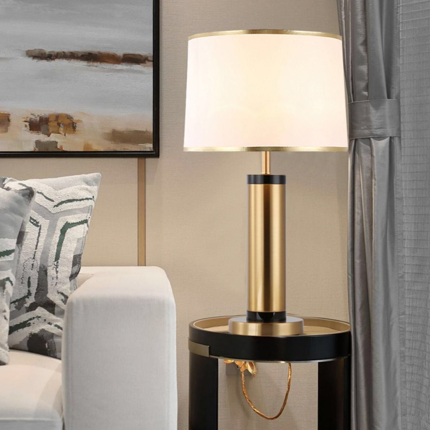 Vivolux | Moderne Übergangs-Zylinder-Eisen-Stoff 1-Lampe Tischlampe für das Wohnzimmer