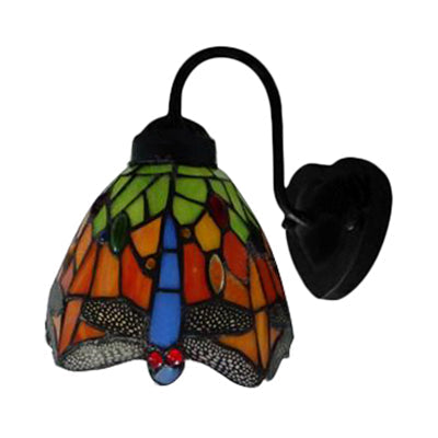 Vivolux | Schwarze Kuppel Wandlampe Viktorianisch 1 Kopf Multicolor Buntglas Wandleuchte mit Blumen/Libellenmuster