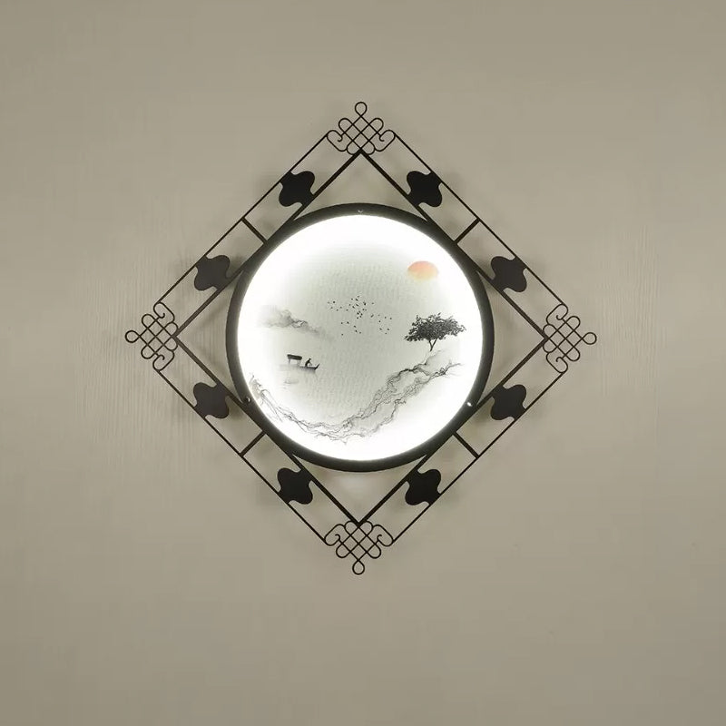 Vivolux | Woonkamer LED Muurverlichting Chinese Zwarte Wandmontage Fixture met Ruitvormig Metalen Frame