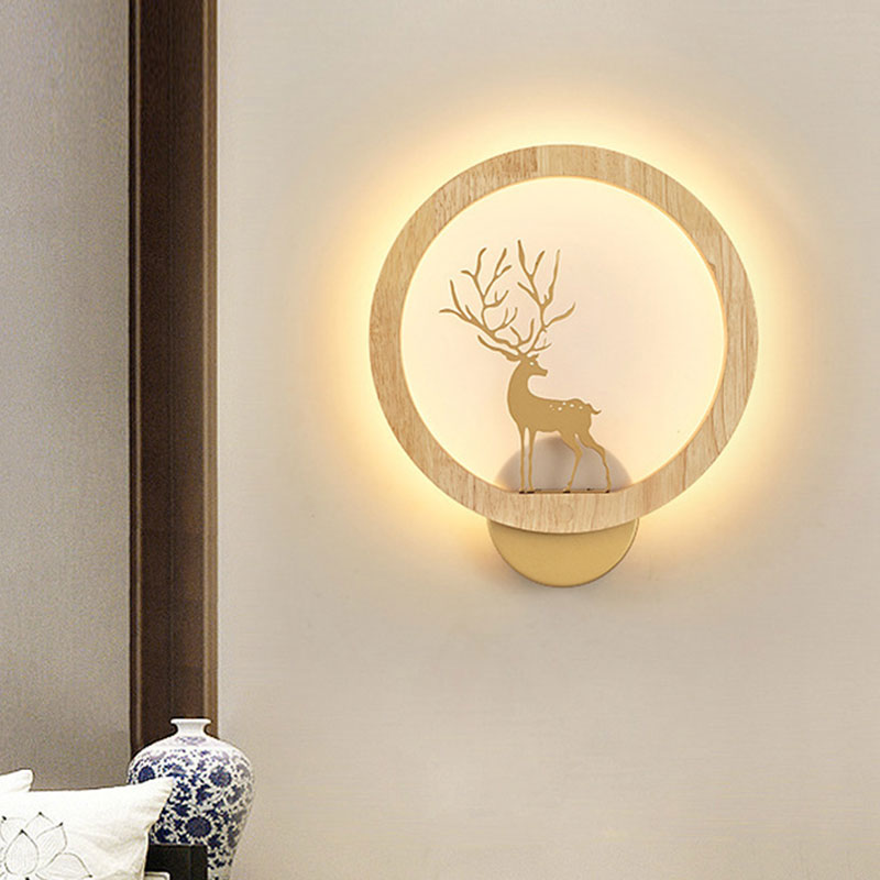 Vivolux | Houten Halo Ring Muurverlichting Hedendaags Zwart/Beige LED Wandlamp met Sika Hert Silhouet