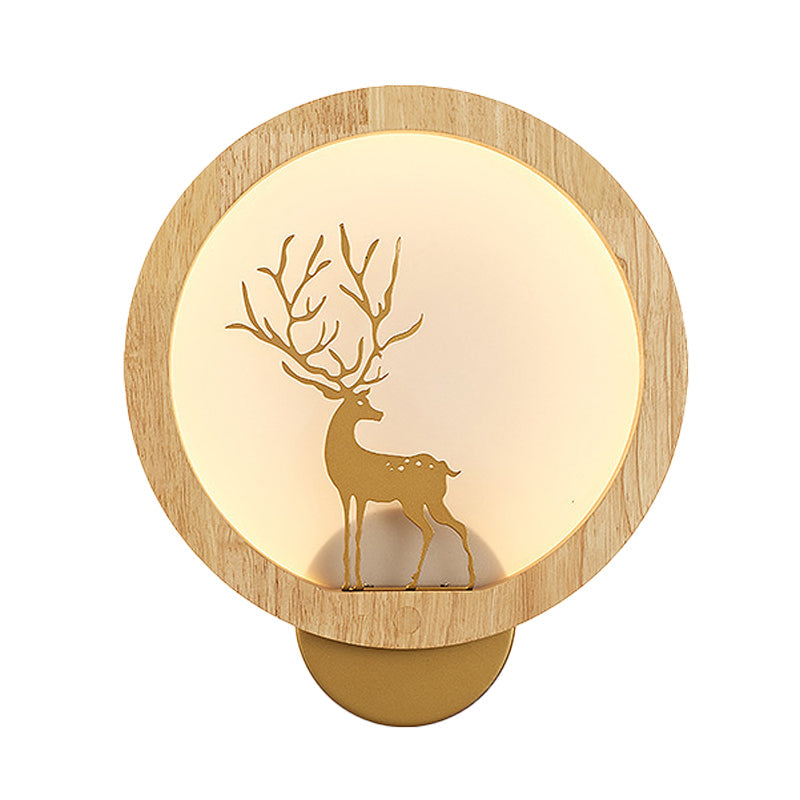 Vivolux | Houten Halo Ring Muurverlichting Hedendaags Zwart/Beige LED Wandlamp met Sika Hert Silhouet