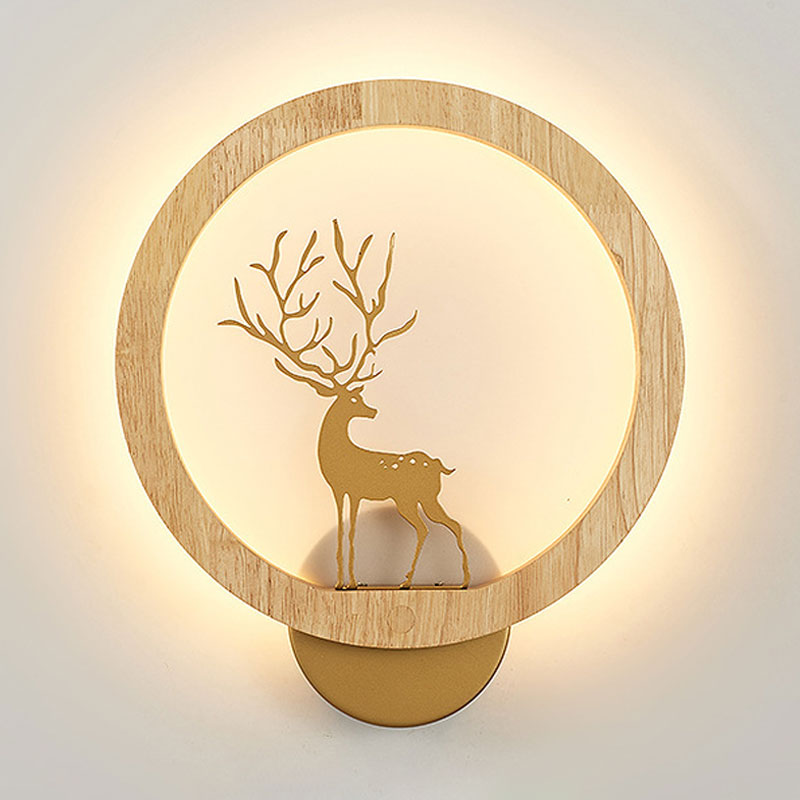 Vivolux | Houten Halo Ring Muurverlichting Hedendaags Zwart/Beige LED Wandlamp met Sika Hert Silhouet