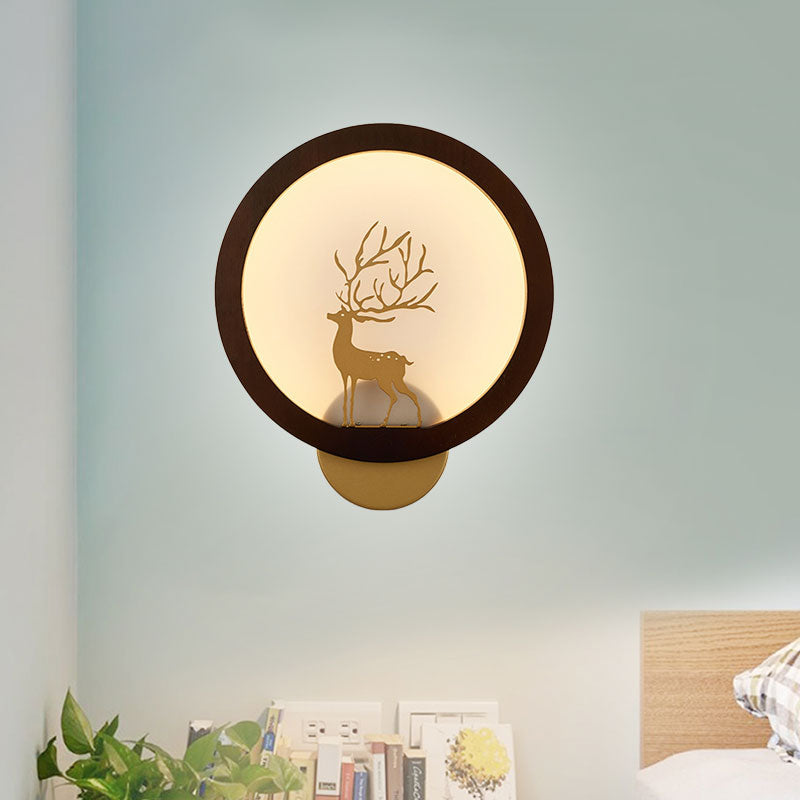 Vivolux | Houten Halo Ring Muurverlichting Hedendaags Zwart/Beige LED Wandlamp met Sika Hert Silhouet