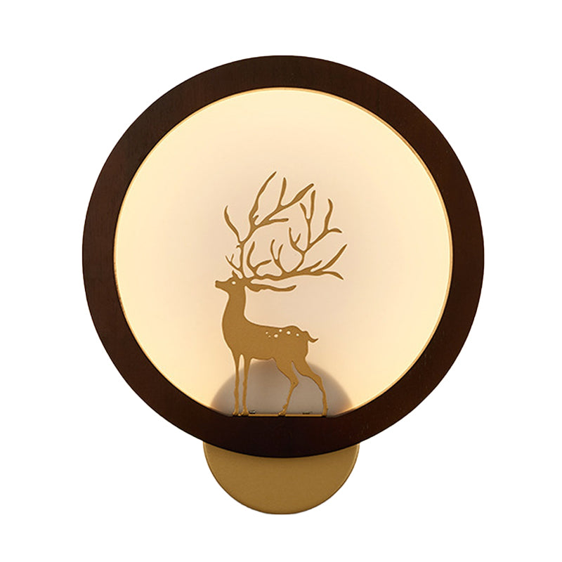 Vivolux | Houten Halo Ring Muurverlichting Hedendaags Zwart/Beige LED Wandlamp met Sika Hert Silhouet