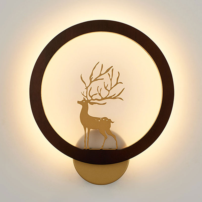 Vivolux | Houten Halo Ring Muurverlichting Hedendaags Zwart/Beige LED Wandlamp met Sika Hert Silhouet