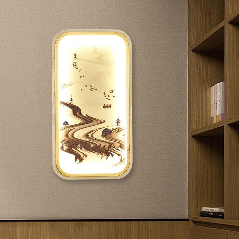 Vivolux | Padtekening Stof Muurschildering Verlichting Aziatisch Gouden LED Wandlampe für Wohnzimmer