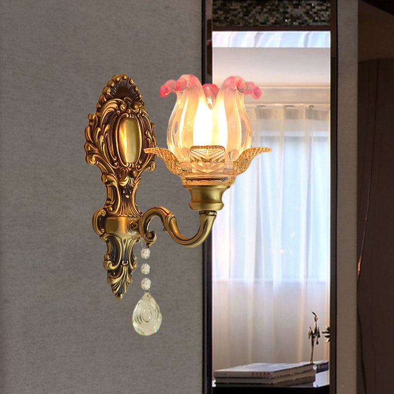 Vivolux | Retro Flower Wandverlichting Ideeën 1 Gloeilamp Roze-Doorzichtig Vervagend Glas Wandlamp in Messing