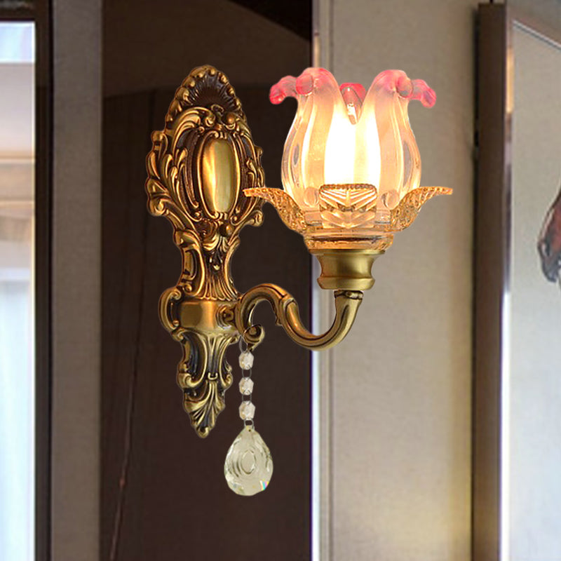Vivolux | Retro Flower Wandverlichting Ideeën 1 Gloeilamp Roze-Doorzichtig Vervagend Glas Wandlamp in Messing