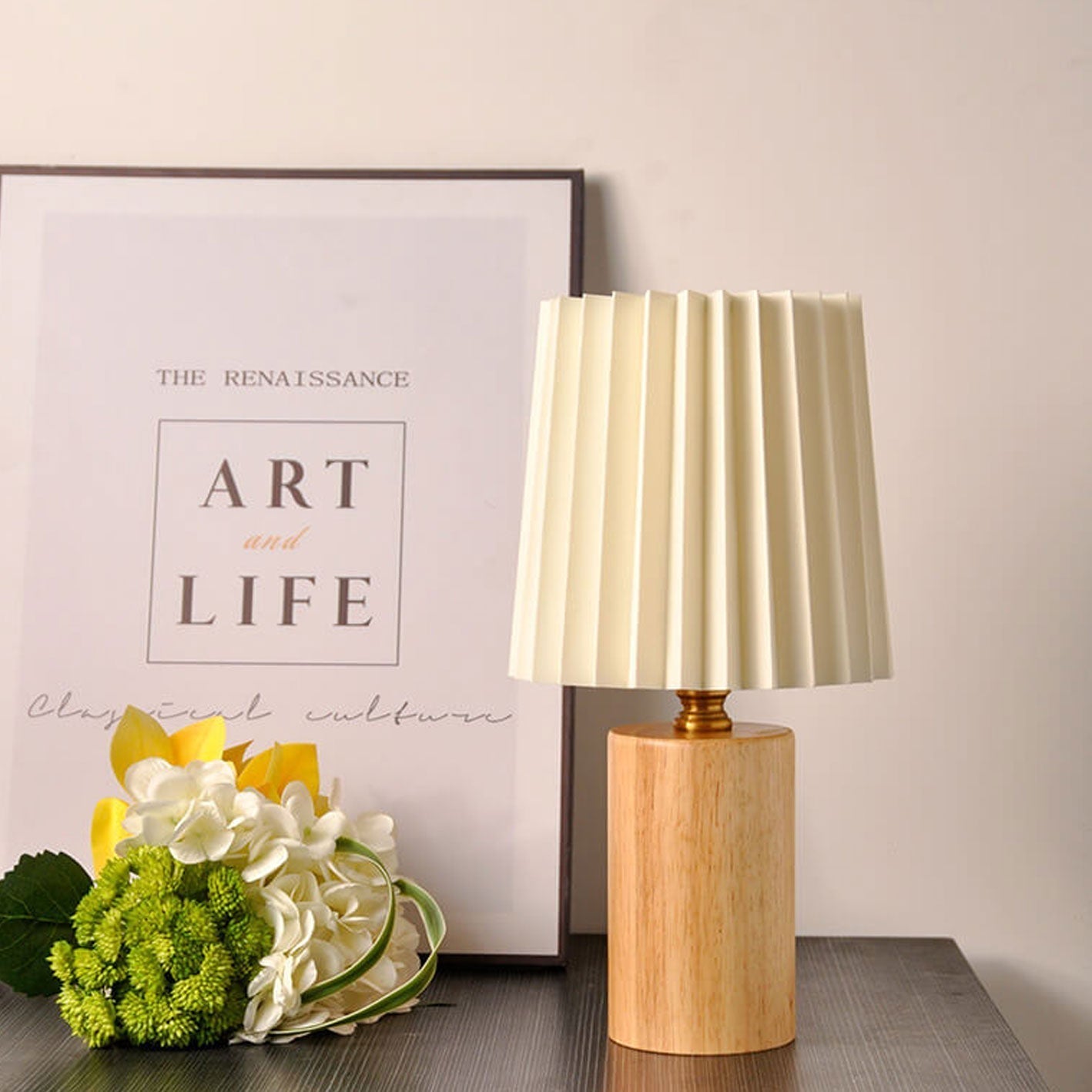 Vivolux | Vintage Korean Plissee Säule Massivholz Basis 1-Licht Tischlampe