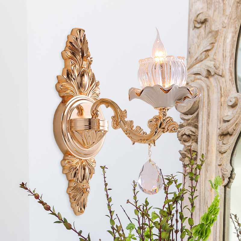 Vivolux | Traditionelle Rüsch-Wandmontage-Leuchte 1/2-Kopf Klare gerippte Glas-Wandleuchte mit geschnitztem Arm in Gold