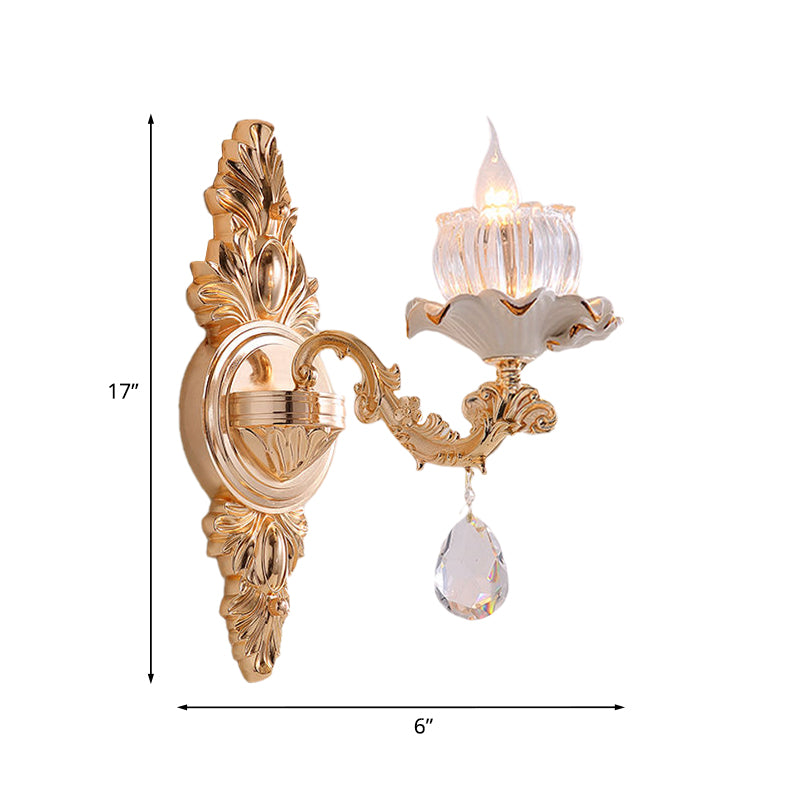 Vivolux | Traditionelle Rüsch-Wandmontage-Leuchte 1/2-Kopf Klare gerippte Glas-Wandleuchte mit geschnitztem Arm in Gold
