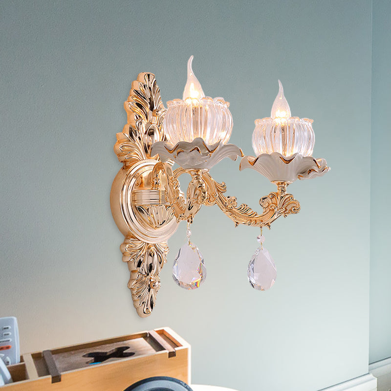 Vivolux | Traditionelle Rüsch-Wandmontage-Leuchte 1/2-Kopf Klare gerippte Glas-Wandleuchte mit geschnitztem Arm in Gold