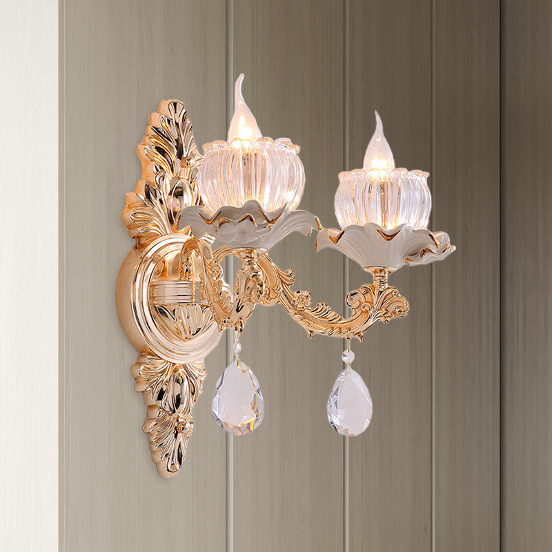 Vivolux | Traditionelle Rüsch-Wandmontage-Leuchte 1/2-Kopf Klare gerippte Glas-Wandleuchte mit geschnitztem Arm in Gold