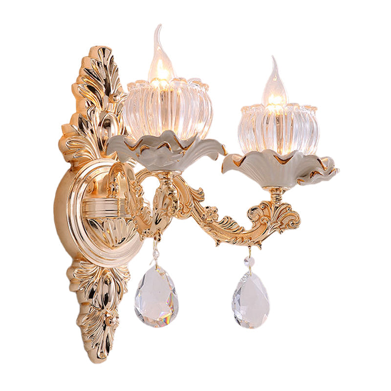 Vivolux | Traditionelle Rüsch-Wandmontage-Leuchte 1/2-Kopf Klare gerippte Glas-Wandleuchte mit geschnitztem Arm in Gold