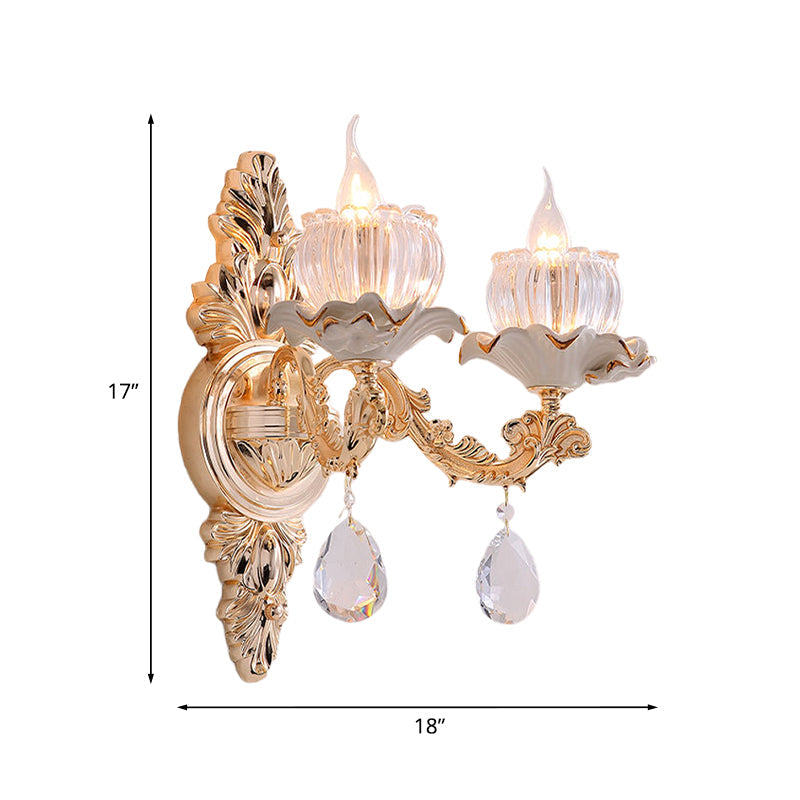 Vivolux | Traditionelle Rüsch-Wandmontage-Leuchte 1/2-Kopf Klare gerippte Glas-Wandleuchte mit geschnitztem Arm in Gold