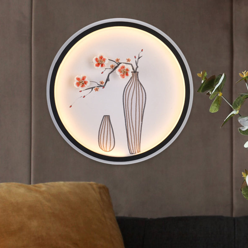 Vivolux | Pflaume und Vase Esszimmer Wandmural Beleuchtung Keramisch Minimalistisch LED Kreis Wandmontage Lampe in Schwarz