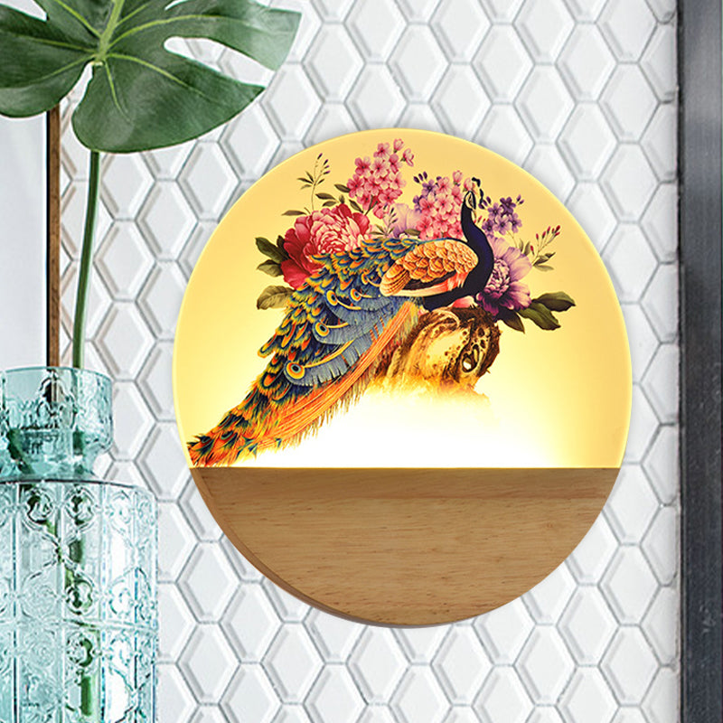 Vivolux | Runde Pfau/Blüten Wandbild Lampe Asien Stil Acryl LED Holz Wandmontage Leuchten für Schlafzimmer