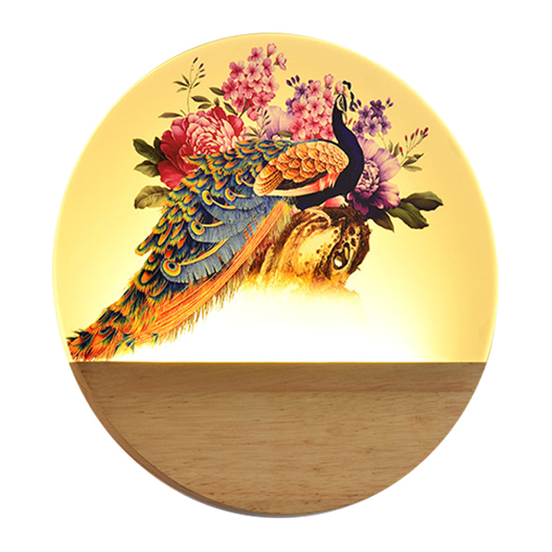 Vivolux | Runde Pfau/Blüten Wandbild Lampe Asien Stil Acryl LED Holz Wandmontage Leuchten für Schlafzimmer