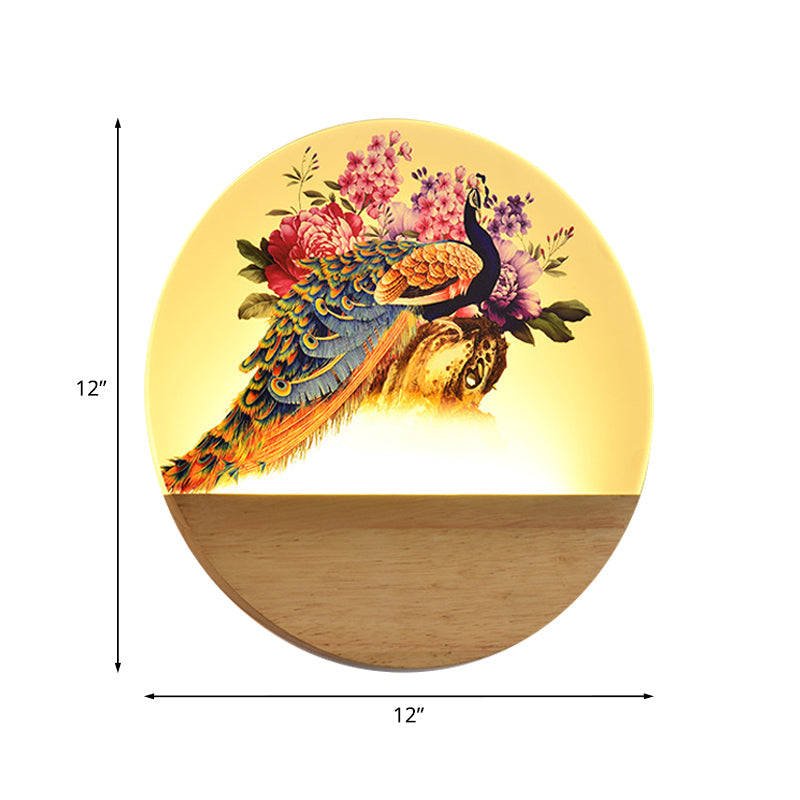 Vivolux | Runde Pfau/Blüten Wandbild Lampe Asien Stil Acryl LED Holz Wandmontage Leuchten für Schlafzimmer