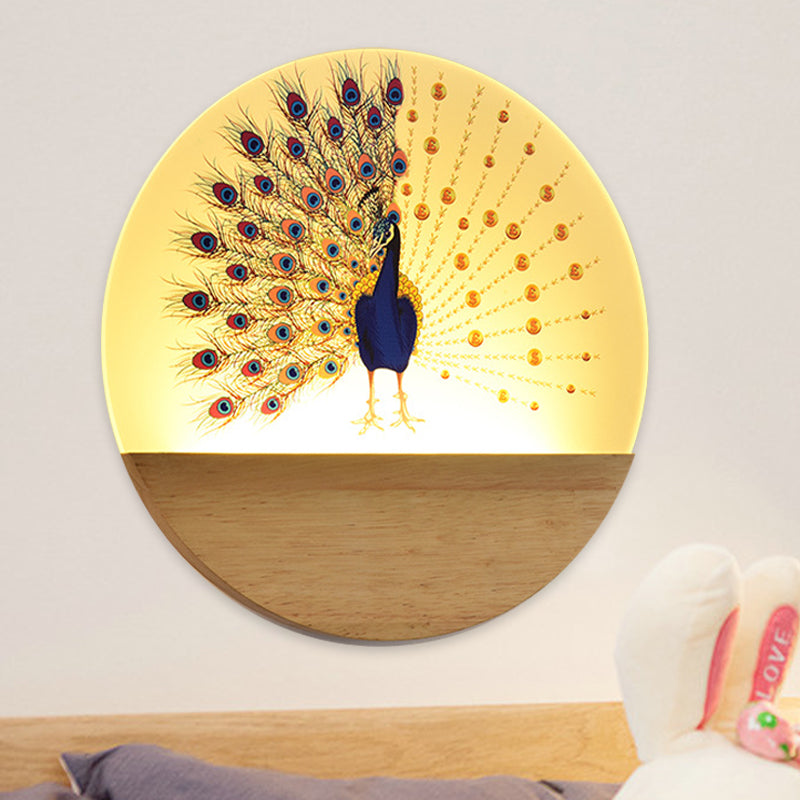 Vivolux | Runde Pfau/Blüten Wandbild Lampe Asien Stil Acryl LED Holz Wandmontage Leuchten für Schlafzimmer