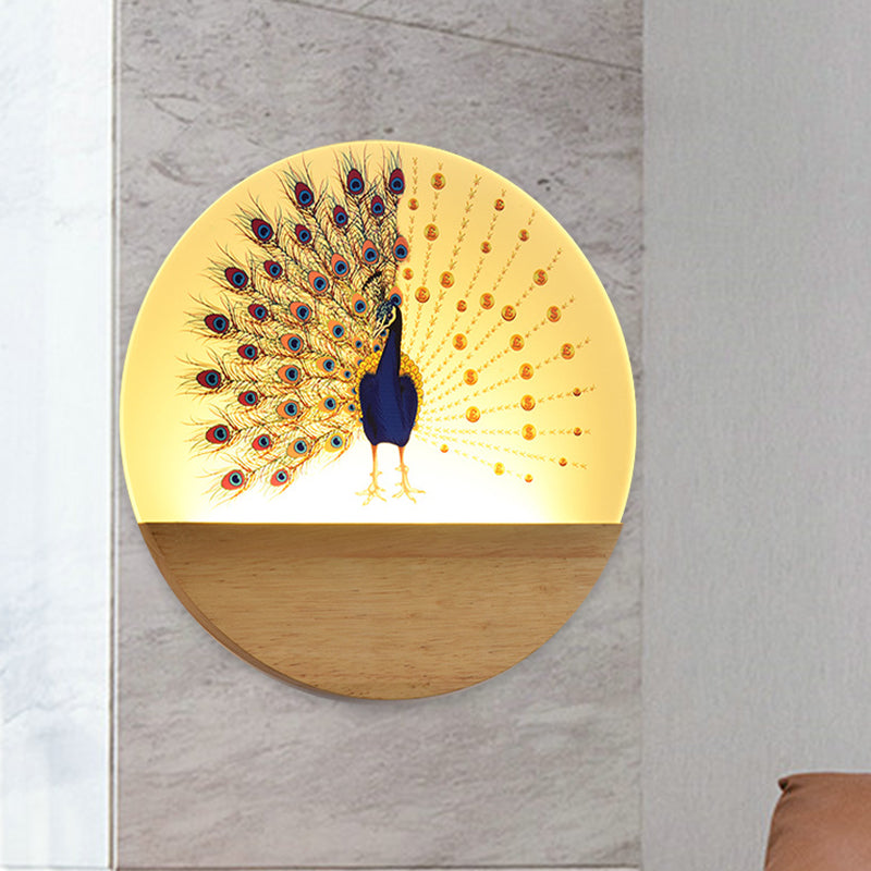 Vivolux | Runde Pfau/Blüten Wandbild Lampe Asien Stil Acryl LED Holz Wandmontage Leuchten für Schlafzimmer