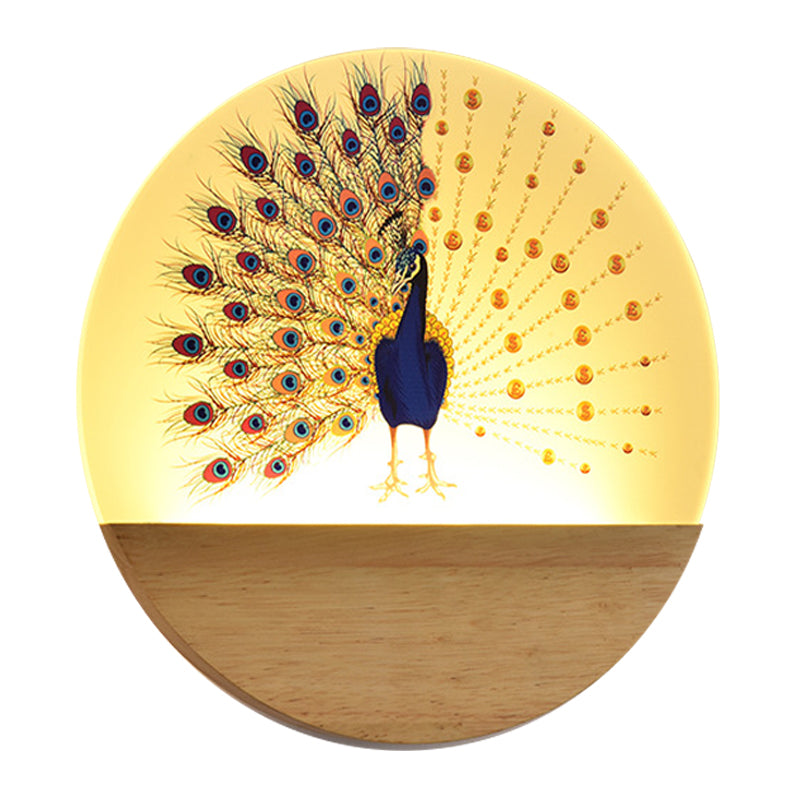 Vivolux | Runde Pfau/Blüten Wandbild Lampe Asien Stil Acryl LED Holz Wandmontage Leuchten für Schlafzimmer