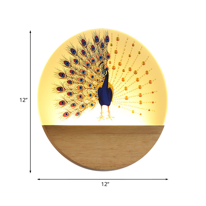 Vivolux | Runde Pfau/Blüten Wandbild Lampe Asien Stil Acryl LED Holz Wandmontage Leuchten für Schlafzimmer