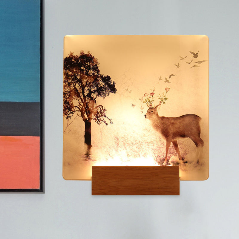 Vivolux | Vierkant Hal Gang Geïnstalleerde Verlichting Acryl LED Oosterse Muurverlichting Licht in Bruin met Hert en Boom Patroon