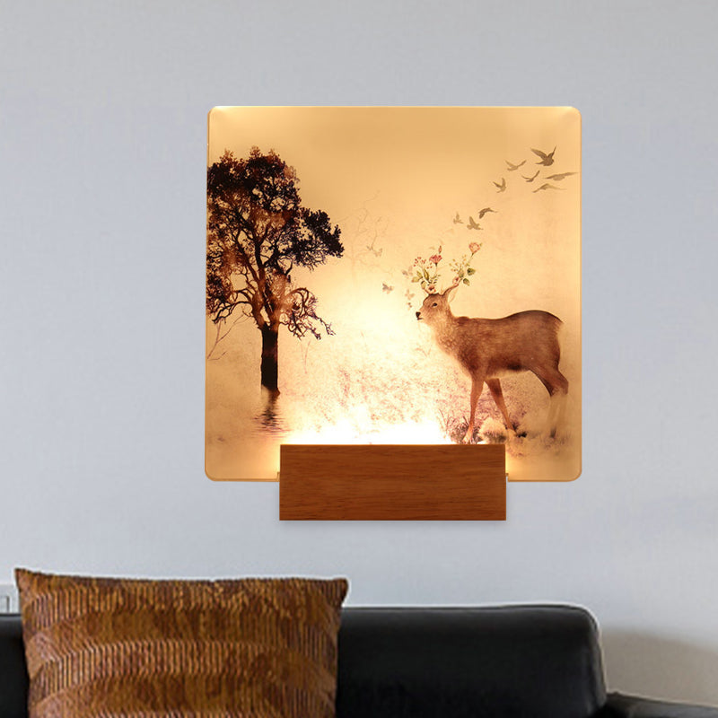 Vivolux | Vierkant Hal Gang Geïnstalleerde Verlichting Acryl LED Oosterse Muurverlichting Licht in Bruin met Hert en Boom Patroon