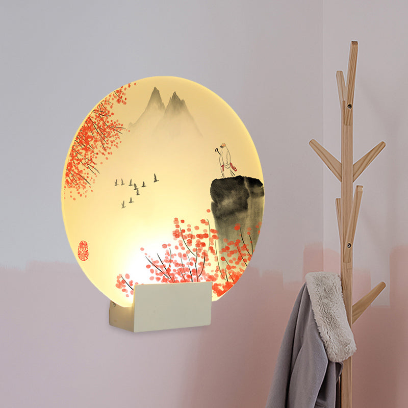 Vivolux | Oriental Style LED Mural Lamp mit Acrylshade Weiß Kreisförmig Berg und Blume Wandmontierte Beleuchtung