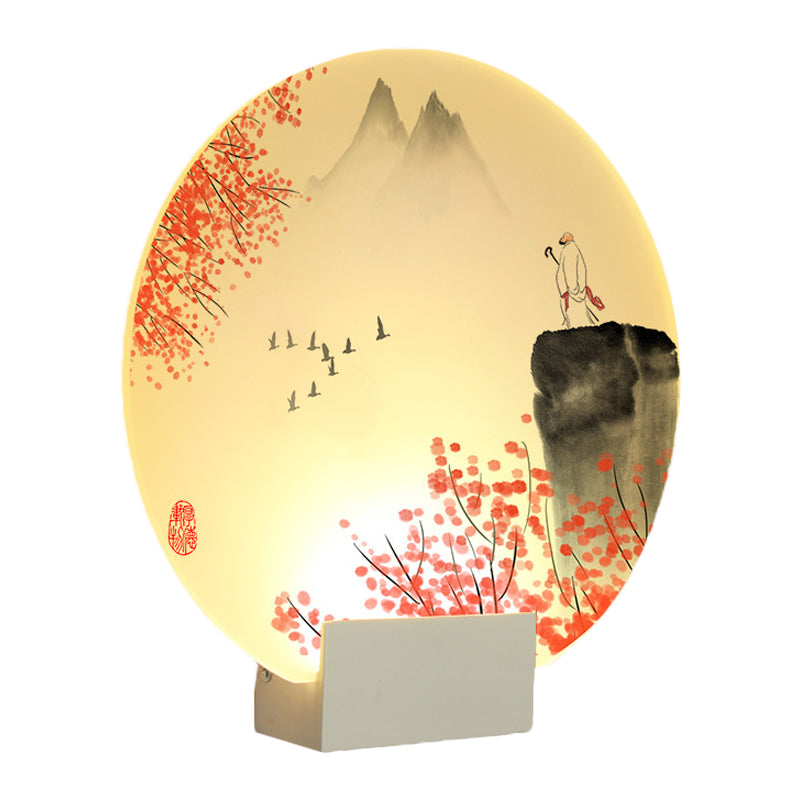 Vivolux | Oriental Style LED Mural Lamp mit Acrylshade Weiß Kreisförmig Berg und Blume Wandmontierte Beleuchtung