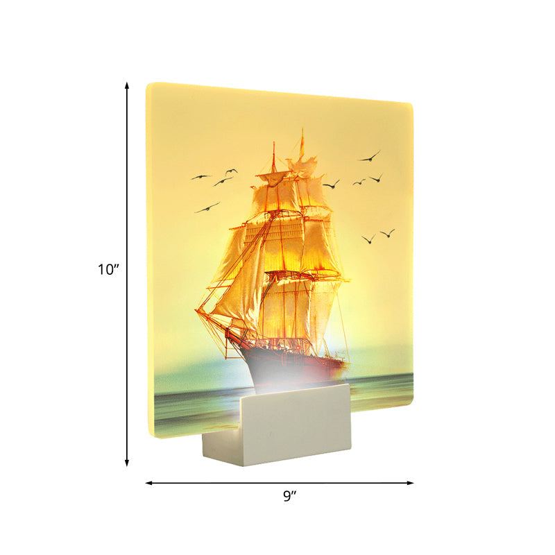 Vivolux | Weiße quadratische Wandmalerei Licht orientalischer Stil LED Acryl Segelboot und Meer Wandlampe