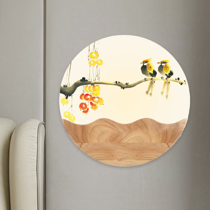 Vivolux | Runde Acryl Wandleuchte Asiastil LED Holz Wandmosaiklicht mit Berg/Zweig-Muster
