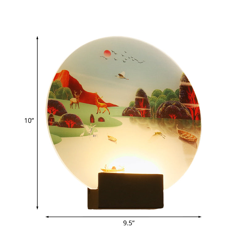 Vivolux | Schwarze Kreisform Elch und See Wandlampe Chinesischer Stil LED Acryl Wandmontierte Lichtarmatur