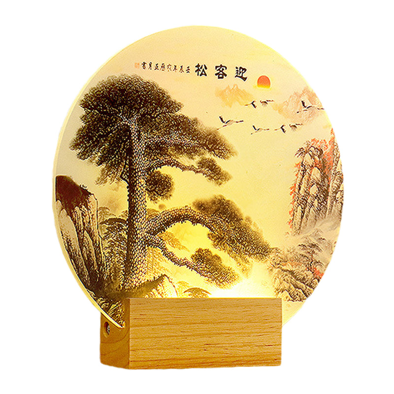 Vivolux | Runde Kieferbaum und Berg Wandleuchte Orientalischer Stil Acryl LED Holz Wandmural Lampe