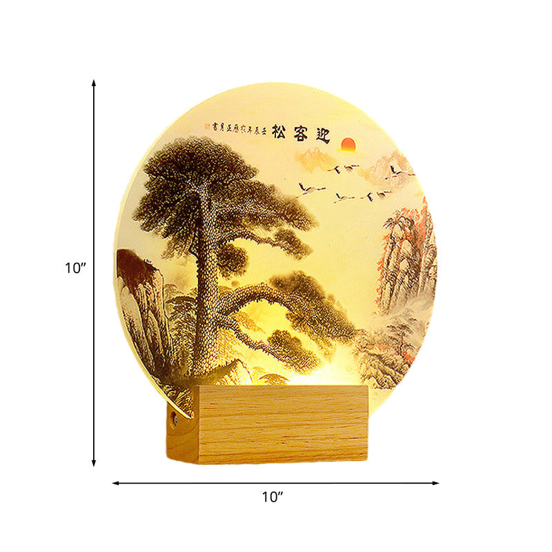 Vivolux | Runde Kieferbaum und Berg Wandleuchte Orientalischer Stil Acryl LED Holz Wandmural Lampe