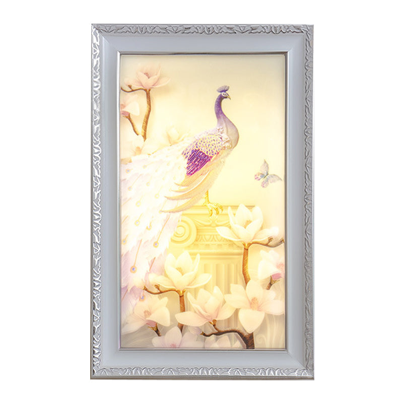 Vivolux | Weiße und rosa rechteckige Wandbeleuchtung orientalischer Stil LED Acryl Wandlampe mit Pfau und Magnolien Design