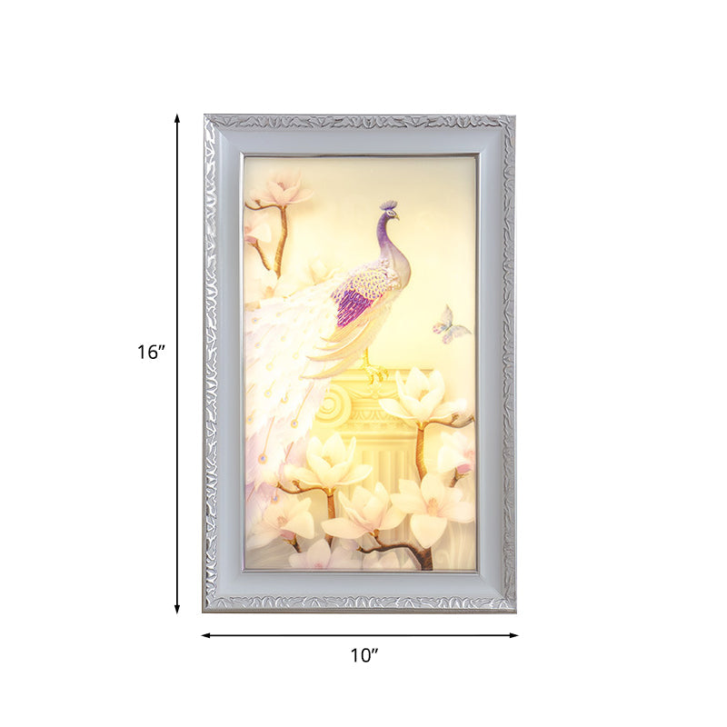 Vivolux | Weiße und rosa rechteckige Wandbeleuchtung orientalischer Stil LED Acryl Wandlampe mit Pfau und Magnolien Design