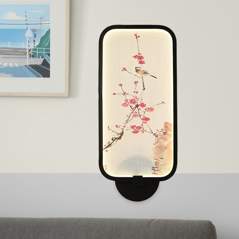Vivolux | Rechthoekige Acryl Pruim en Vogel Muurlamp Chinese Stijl LED Zwarte Wandgemonteerde Verlichtingsarmatuur