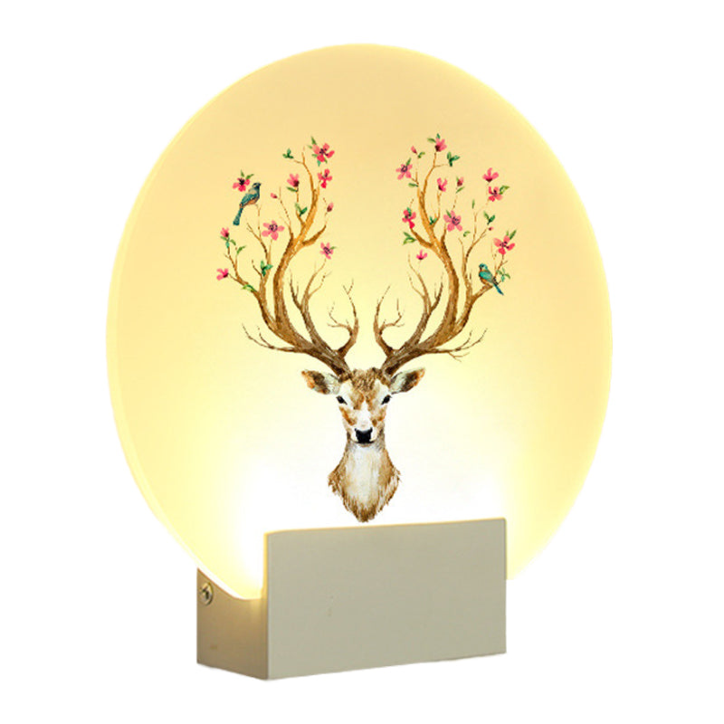 Vivolux | Runde Gästezimmer Elch Hirsch Wandmural Licht Acryl LED Orientalischer Stil Wandlichtkörper in Weiß