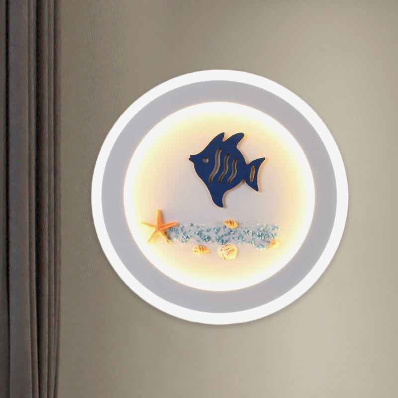 Vivolux | Weiße runde Wandleuchte im zeitgenössischen Stil LED-Acryl-Wandmural-Lampe mit Fisch- und Seesternmuster