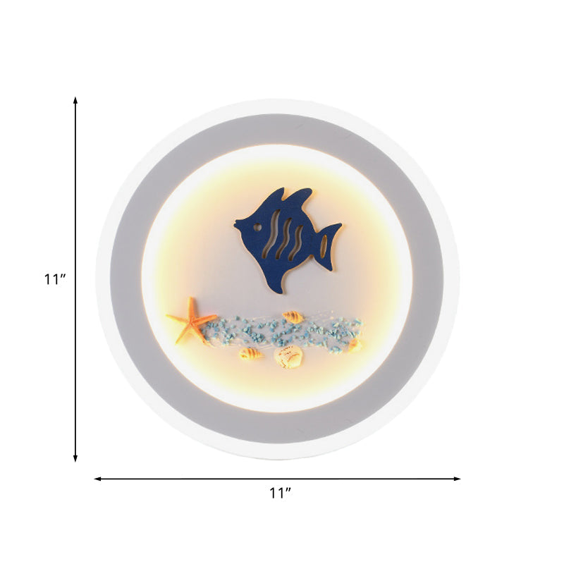 Vivolux | Weiße runde Wandleuchte im zeitgenössischen Stil LED-Acryl-Wandmural-Lampe mit Fisch- und Seesternmuster