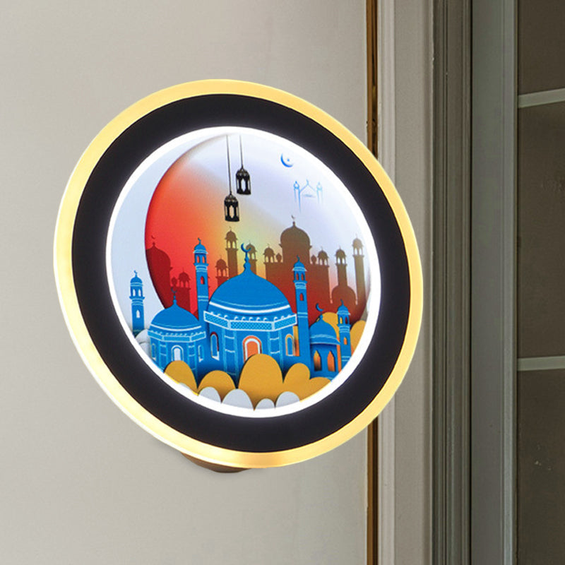 Vivolux | Rosa/Blaue Zirkular Wandmural Licht Asiastil LED Acryl Wandbeleuchtung Idee mit Reh/Schloss Muster