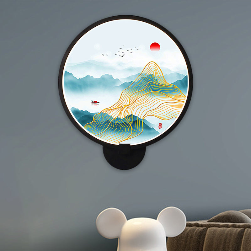 Vivolux | Kreisförmige natürliche Sicht Wandlampe chinesisches Metall LED schwarze Wandmalerei Licht für Schlafzimmer
