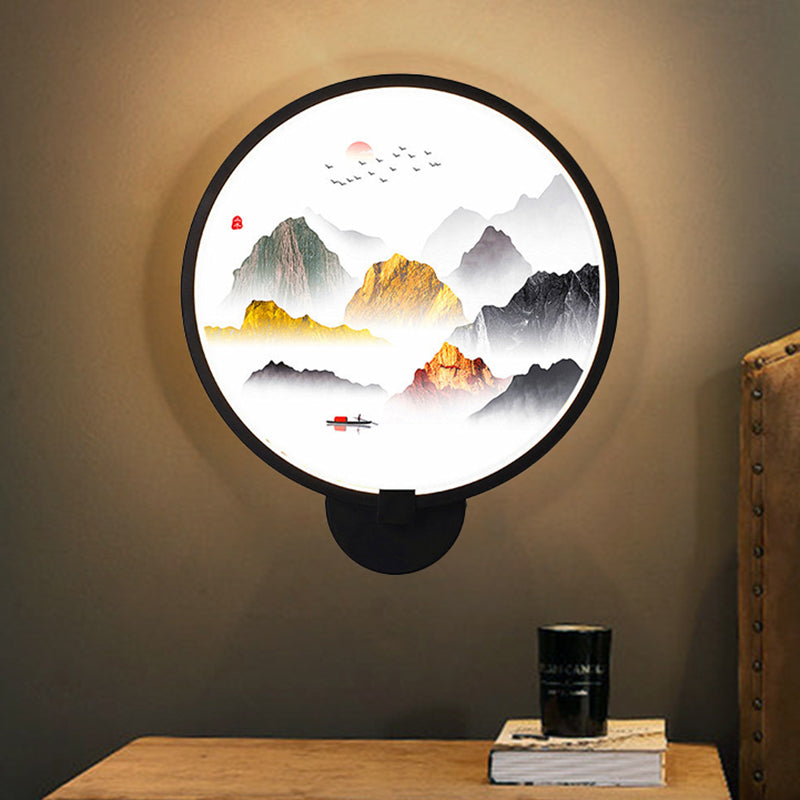 Vivolux | Kreisförmige natürliche Sicht Wandlampe chinesisches Metall LED schwarze Wandmalerei Licht für Schlafzimmer