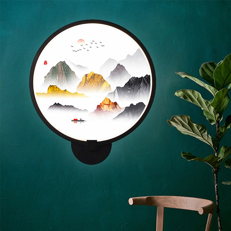 Vivolux | Kreisförmige natürliche Sicht Wandlampe chinesisches Metall LED schwarze Wandmalerei Licht für Schlafzimmer