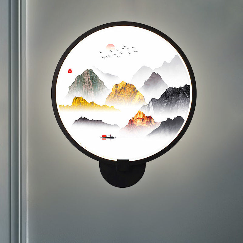 Vivolux | Kreisförmige natürliche Sicht Wandlampe chinesisches Metall LED schwarze Wandmalerei Licht für Schlafzimmer