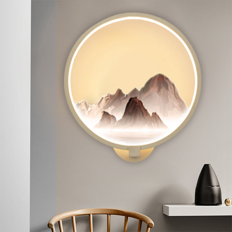 Vivolux | Oriëntal Stijl LED Muur Schilderij Lamp Metaal Witte Circulaire Muurverlichting Idee met Bergen Patroon