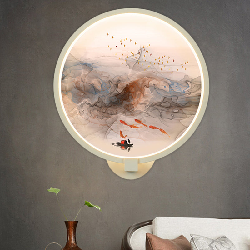 Vivolux | Weiße Runde Fisch- und Vogel-Wandlampe Chinesischer Stil LED Acryl Wandmural Lampe für Flur