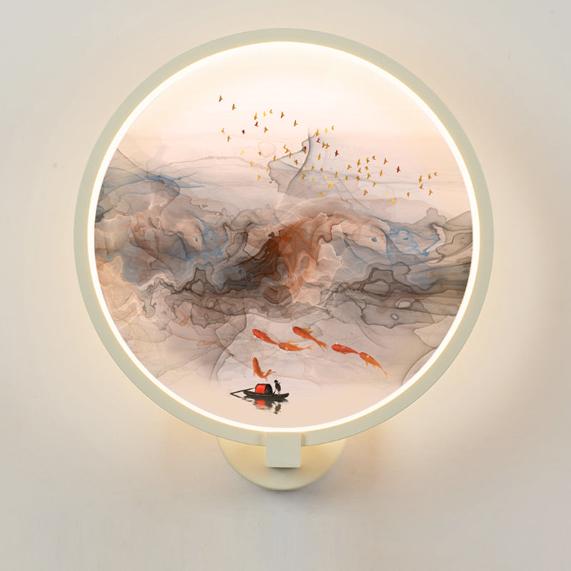Vivolux | Weiße Runde Fisch- und Vogel-Wandlampe Chinesischer Stil LED Acryl Wandmural Lampe für Flur